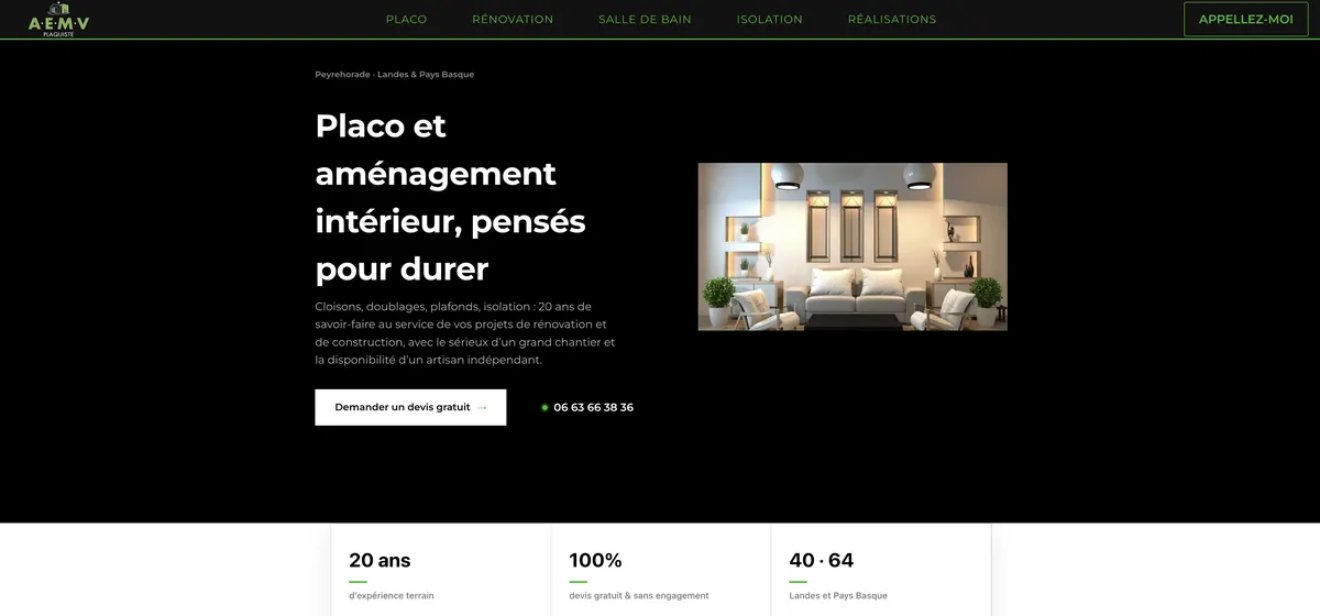 Page d'accueil du site AEMV plaquiste, exemple de création de site internet pour un artisan du bâtiment dans les Landes