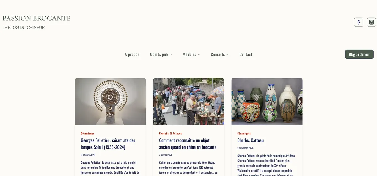 Page d'accueil du blog Passion Brocante, exemple de site de contenu consacré à la brocante, à la céramique et au design