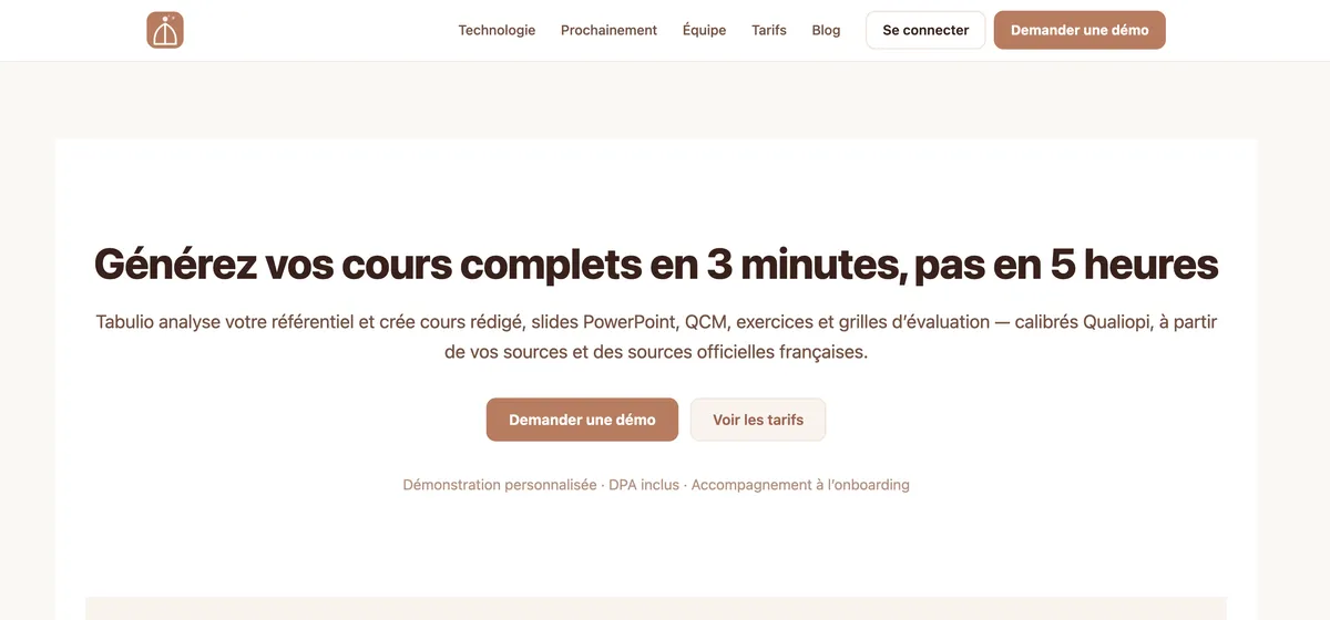 Page d'accueil du site Tabulio, exemple de site internet pour un logiciel SaaS destiné aux formateurs